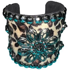 Western Leopard Cuff Bracelet Turquoise Crystal Wide Boho Statement